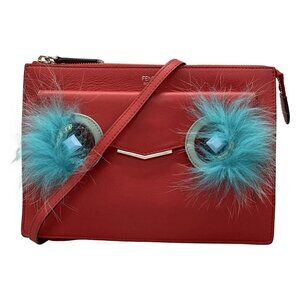 FENDI 2 Jours 8M0369 Red Light Blue Purple Leather Fur Shoulder Bag